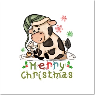 Kids Cow Christmas Cute Cow Merry Christmas Xmas Matching Posters and Art